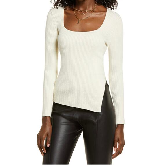 Open Edit Rib Scoop Neck Sweater In Ivory Bone sz Medium $59.00 - Picture 1 of 2